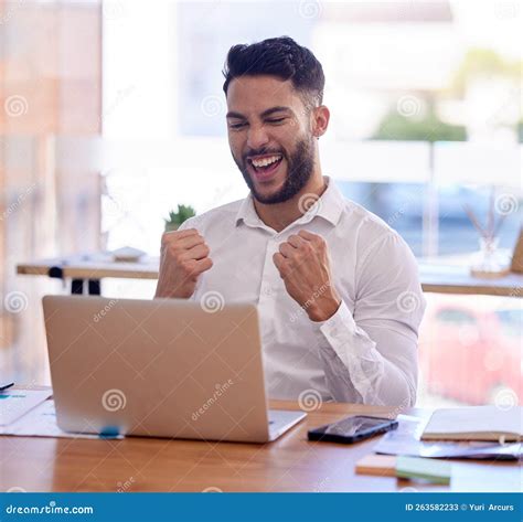 Businessman, Laptop and Winner in Celebration for Good News, Deal or