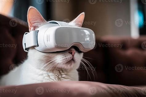 White cat wearing VR headset. portrait of cat in virtual reality