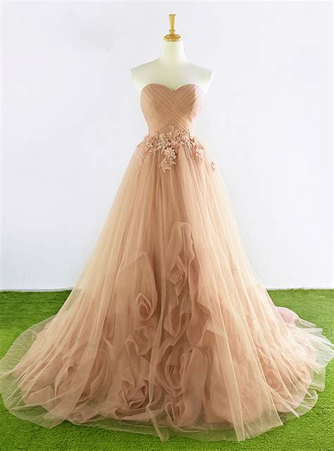 Champagne Ball Gown Tulle Sweetheart Pleats Wedding Dress
