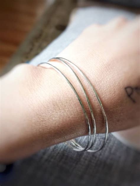 Handmade Silver Bangle Bracelets, Set of 3 Bangle Bracelets, Hammered Bracelets, Thin Silver ...