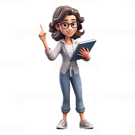 3D Cute cartoon female teacher character on transparent background