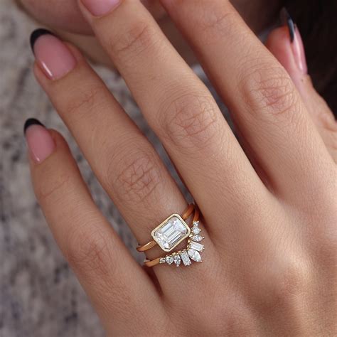 East West Emerald Cut Solitaire Bezel Set Diamond Engagement Ring With