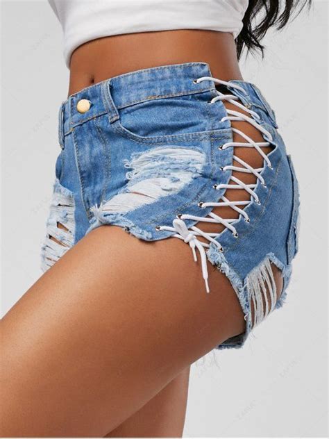 [31% OFF] 2020 Mid Waist Lace Up Ripped Denim Shorts In DENIM BLUE | ZAFUL