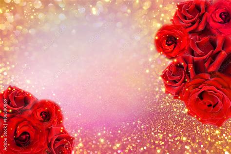 beautiful red roses flower border on soft gold glitter background for ...