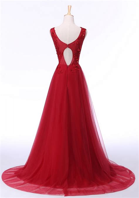 scoop lace appliques long red evening dress romantic formal dresses