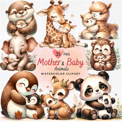 Mother and Baby Animals Clipart , Mother's Day , Watercolor Animals