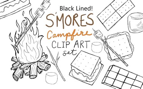 Black Lined Hand Drawn S'mores Clip Art Set, Digitally Drawn Clip Art, Smores Clip Art, Campfire ...