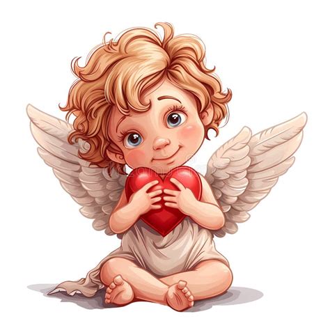 Cute Angel Sits and Holds Red Heart in Her Hands Stock Illustration ...