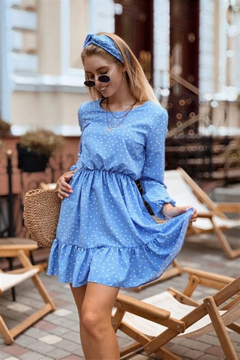 Голубое платье в белый горошек на рукав 3/4 - 1388 - JK-Fashion