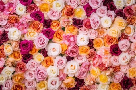 Premium AI Image | A wall of roses with a pink and orange background