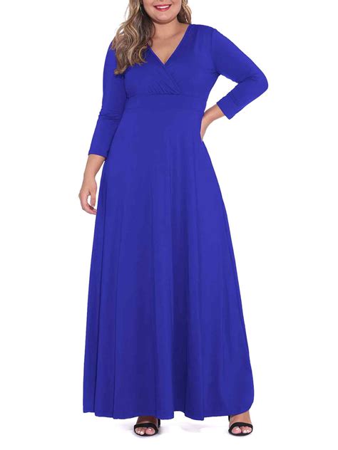 POSESHE Plus Size Women's Solid 3/4 Sleeve Evening Gown, Flowy V-Neck