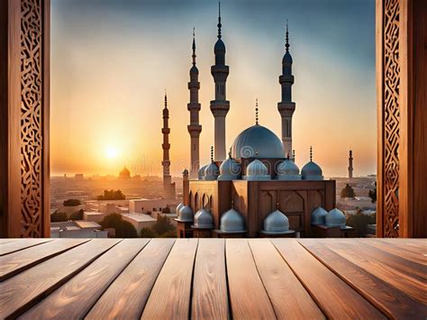 A Backdrop of Wooden Floor with a Serene Mosque in the Background ...