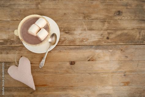 cup with drink coffee cappuccino, hot chocolate, marshmallows, garlands ...