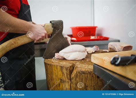 process  cutting  chopping meat stock photo image  hand
