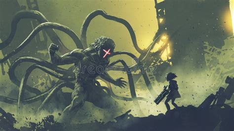 Girl Facing the Giant Monster Stock Illustration - Illustration of ...