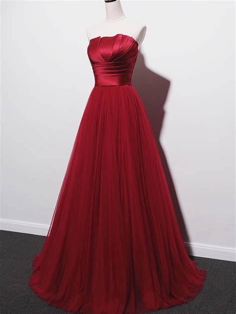 Strapless Burgundy Long Prom Dresses, Wine Red Long Formal Evening Dre