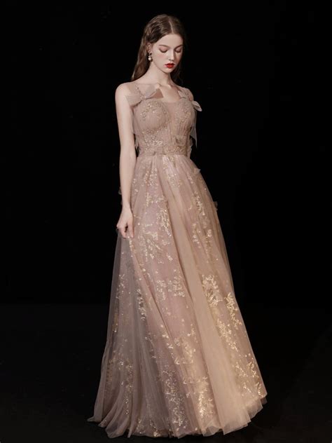 A-Line Champagne Tulle Lace Long Prom Dress, Champagne Long Evening Dr ...