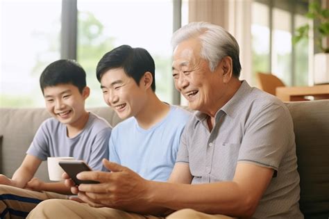 Premium Photo | Happy old man and family using smartphone after retired