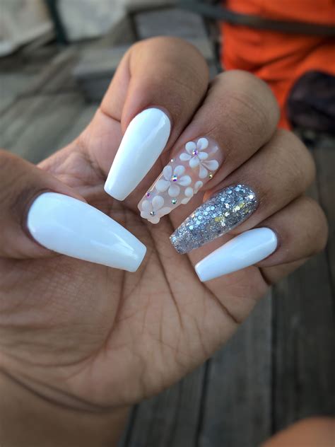 White flowers - Acrylic Nail Design | Brown acrylic nails, Acrylic