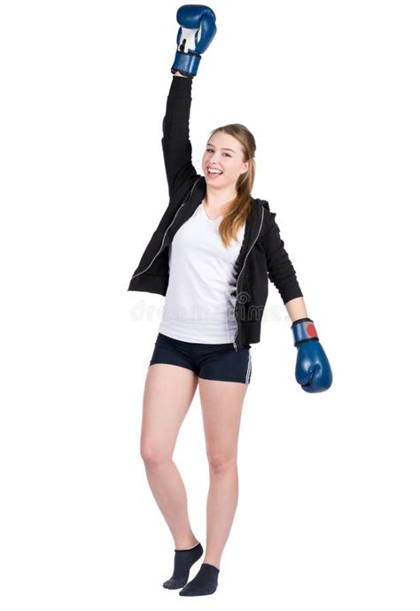 Young Smiling Female Boxer In Victory Pose Stock Image - Image of ...