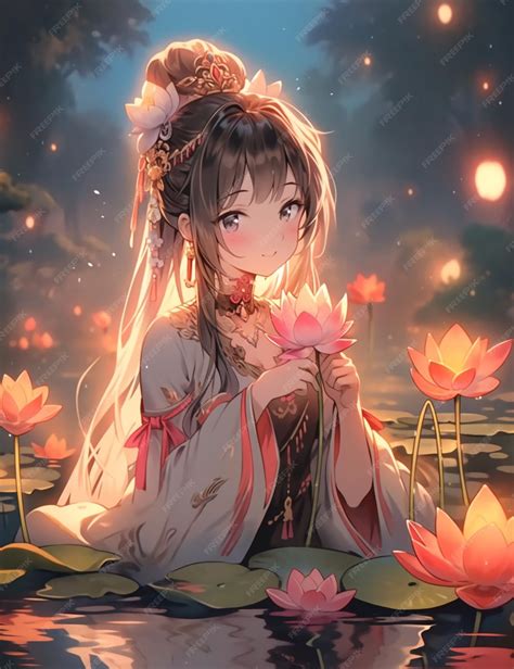 Premium Photo | Anime girl with a flower in her hand sitting on a lily