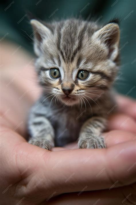 Premium AI Image | A small gray tabby kitten is held in a person's hand.