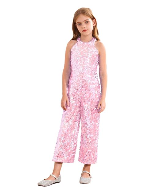MSemis Kids Girls Teens Halter Neck Sleeveless Sparkly Jumpsuit One