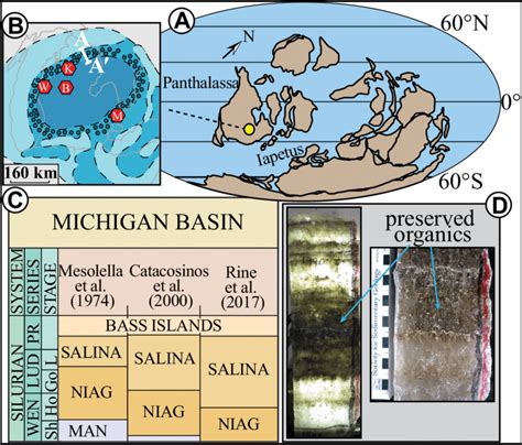(A, B) Silurian paleogeography and schematic map of the Michigan Basin ...