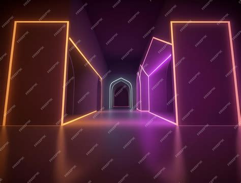 3d фон пустая комната исламский храм прожектор красочный неоновый свет ...
