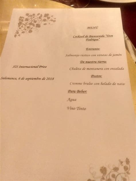 Menu at Palacio de Figueroa restaurant, Salamanca