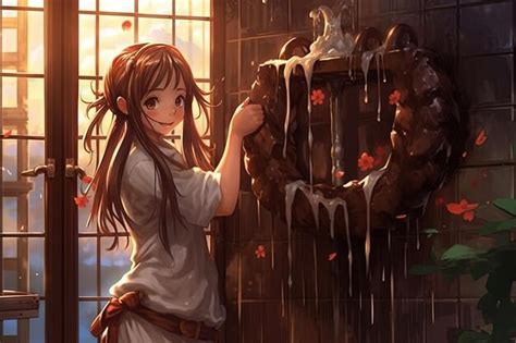 Premium AI Image | Anime girl taking chocolate shower manga style ...