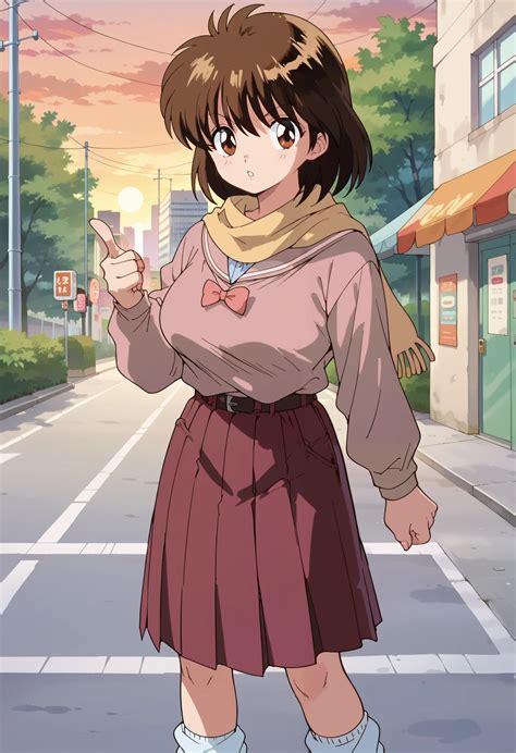 Anime girl in a skirt and sweater pointing at something - SeaArt AI