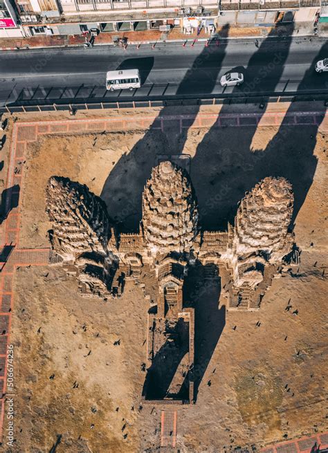 Aerial view of Pra Prang Sam Yod or Phra Prang Sam Yot ruin temple with ...