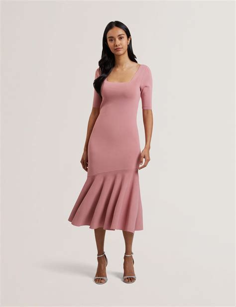 MIYHAA - Flippy Hem Square Neck Knitted Midi Dress