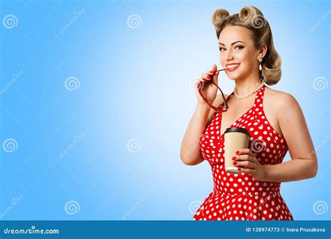 Retro Fashion Model Red Polka Dots Dress, Woman Pinup Beauty Style ...