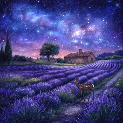 Magical Lavender Fields Under a Starry Sky with a Fawn | Premium AI