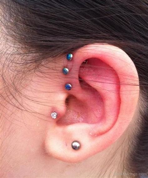 Triple Anti Helix Piercing with Blue Studs