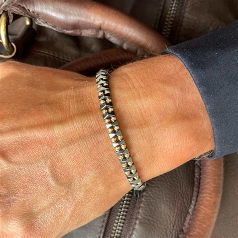 Мъжка златна гривна, ръчна изработка със златни топчета 14K, сив ...