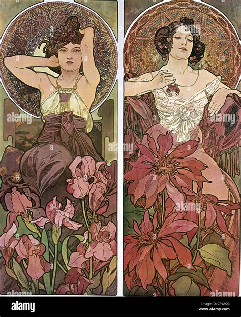 fine arts, Mucha, Alfons (1860 - 1939), poster, circa 1900, two women, sitting, flowers, hair ...