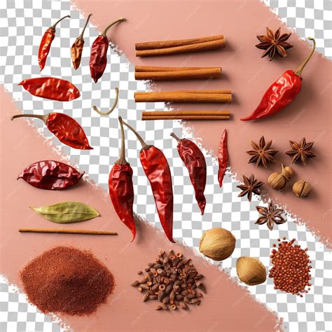 Сушеные хлопья чили и семена и кусочки красного перца на прозрачном ...