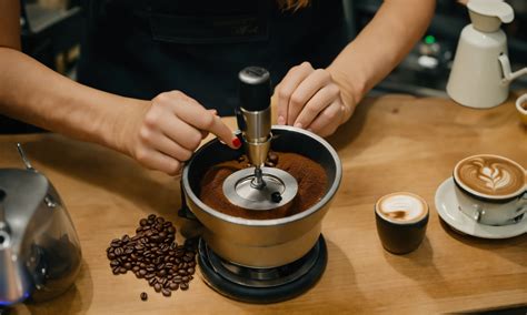 Lexica - Barista girl grinds coffee using a grinding tool, high angle shot
