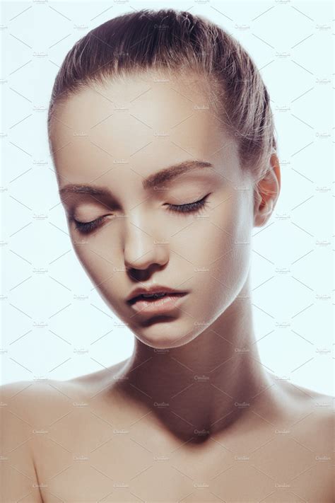 Front portrait of beautiful face with beautiful closed eyes - isolated ...