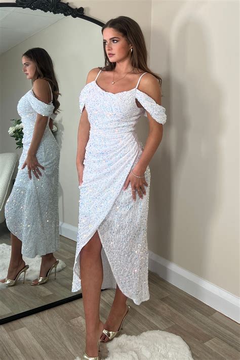 Camila White Sequin Wrap Over Midi Dress