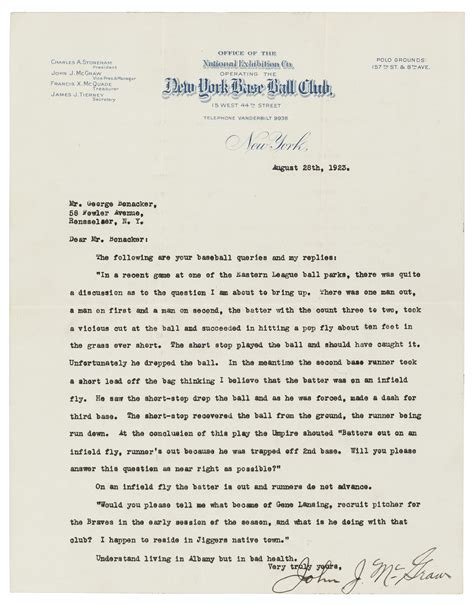 john  mcgraw typewritten letter christies