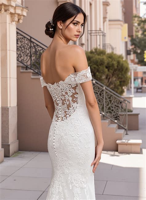 Trumpet/Mermaid Off The Shoulder Satin Lace Chapel Train Wedding