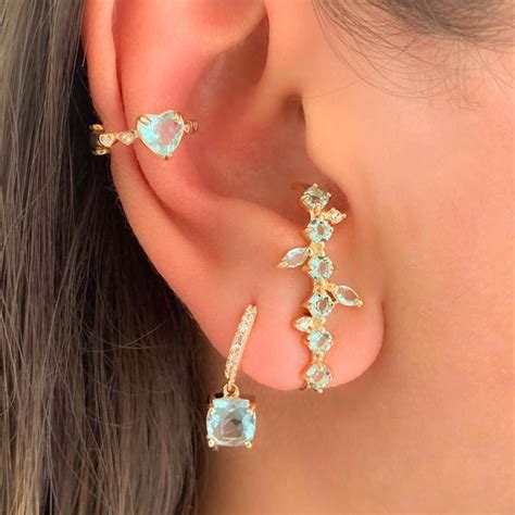 Brincos E Bijuterias - Brincos modernos folheado a ouro com zirconias água marinha joias de ...