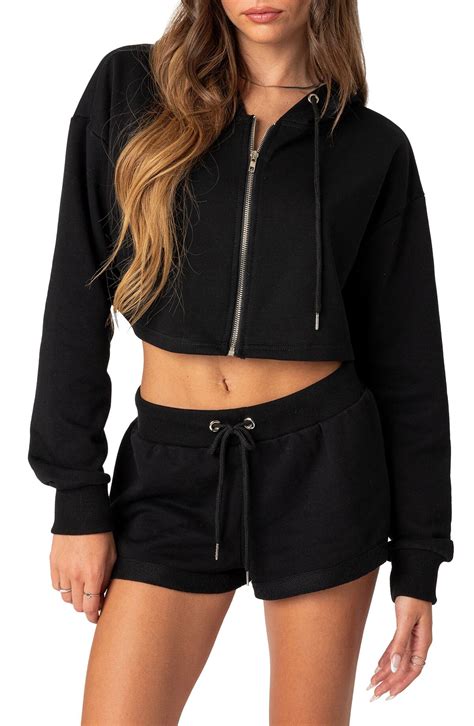 EDIKTED Fomo Appliqué Full Zip Crop Hoodie - Black | Editorialist