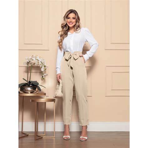 Calca Alfaiataria Feminina Com Cinto - Calça Alfaiataria Feminina Reta Com cinto Laço ajustavel Risco Cintura ...