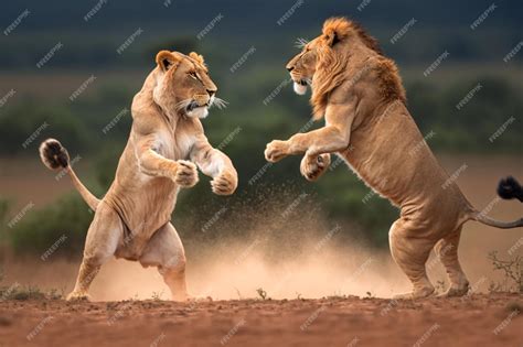 Premium Photo | Two lions fighting with each other in a field Generative AI