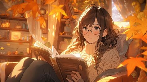 Premium AI Image | anime girl reading a book in a cozy room with fall ...